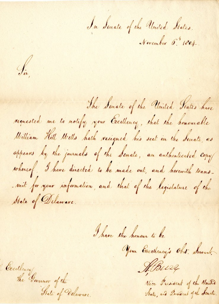 Correspondence from Vice President Burr to Delaware Governor David Hall. Executive Papers Collection (RG 1300.000)