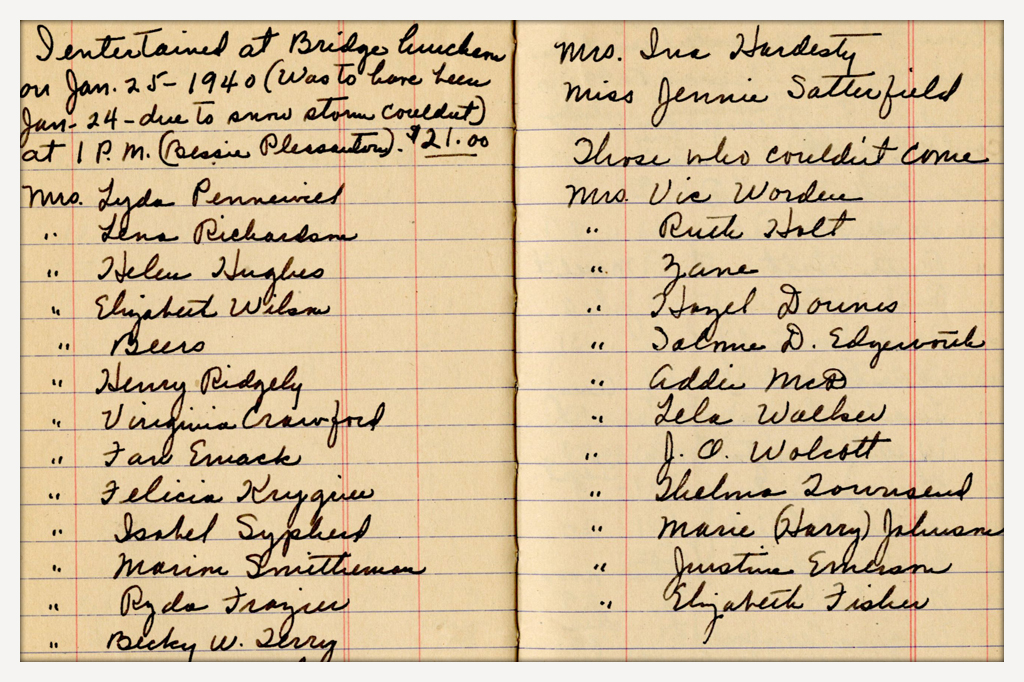 A list of bridge luncheon guests of Marjorie Cole McDavies in 1940.