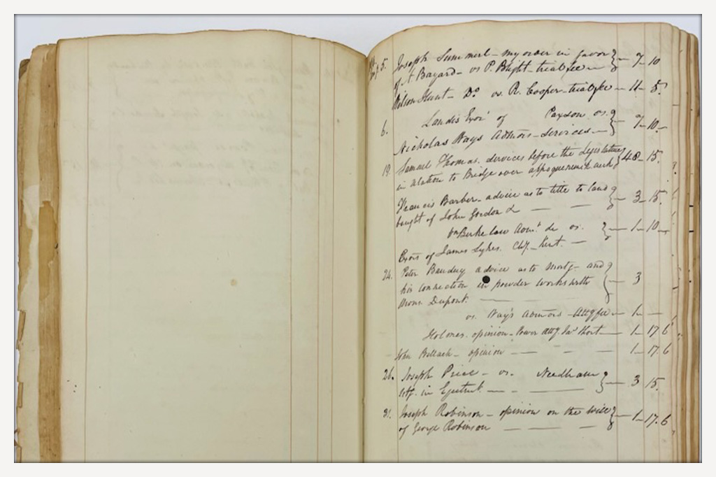 A photo of James Ashton Bayard's legal ledger.