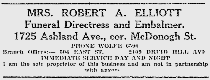 A newspaper ad for Mrs. Robert Elliott's business as a funeral directress and embalmer in 1919.