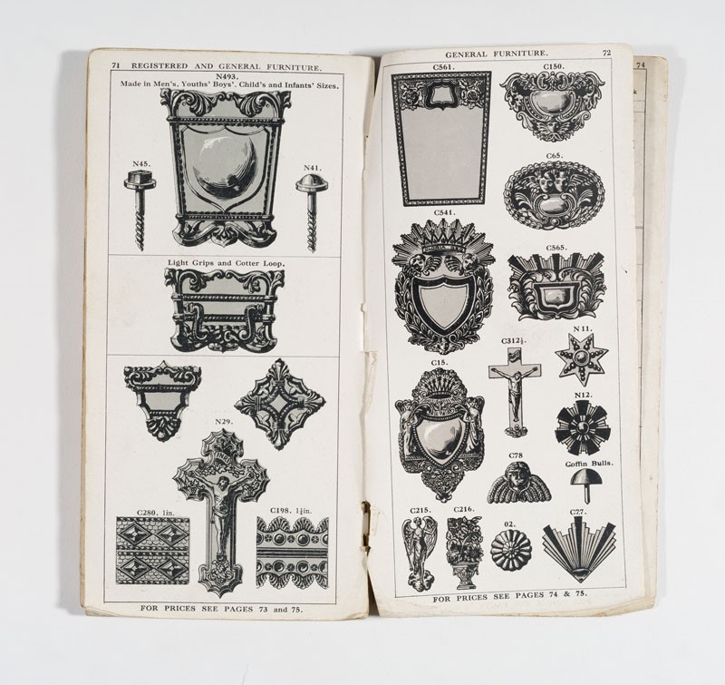 A black-and-white catalog book showing two pages of coffin furniture objects for sale.