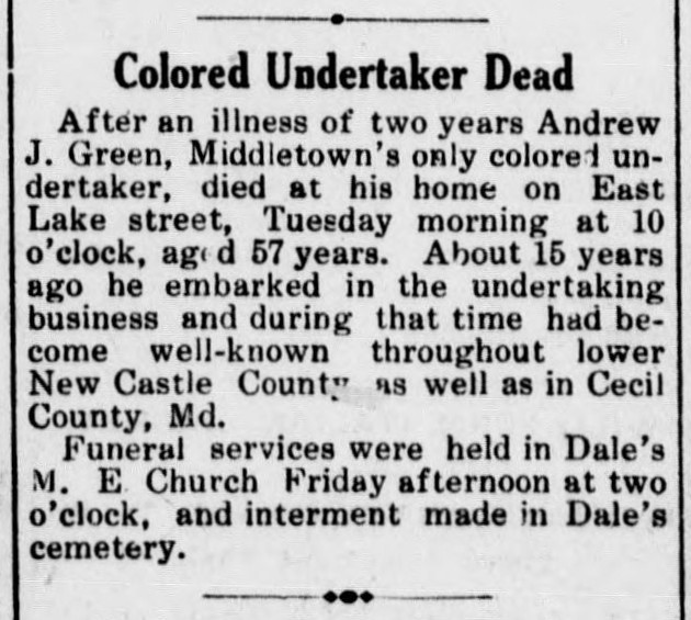A newspaper obituary titled "Colored Undertaker Dead" about Andrew J. Green.
