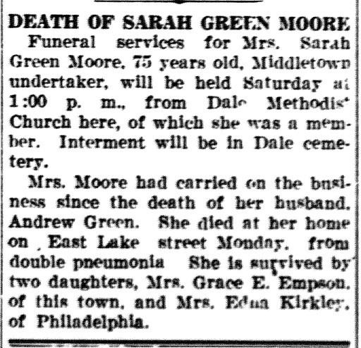 A newspaper obituary for Sarah Green Moore, a Middletown undertaker.