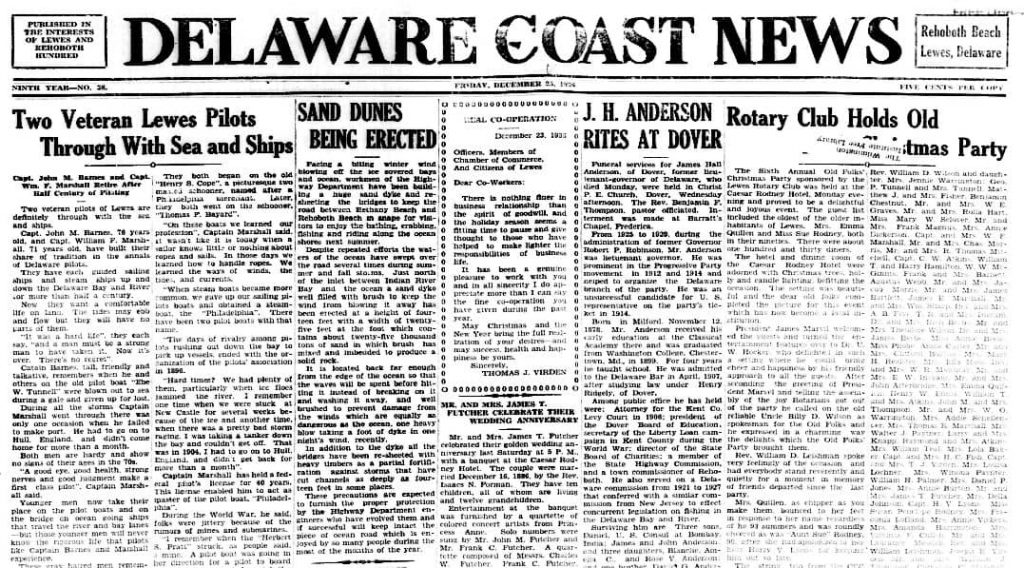 The front page of Delaware Coast News from December 25, 1936. 