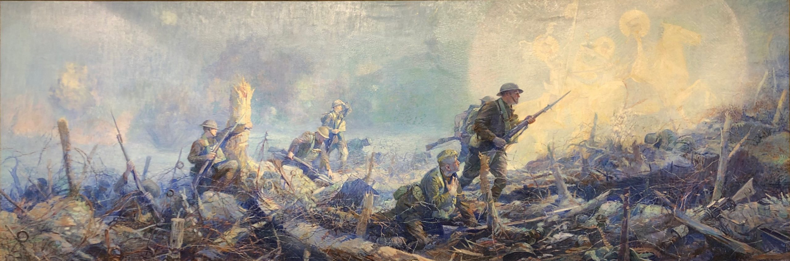 A historical painting depicting a World War I scene with American soldiers.