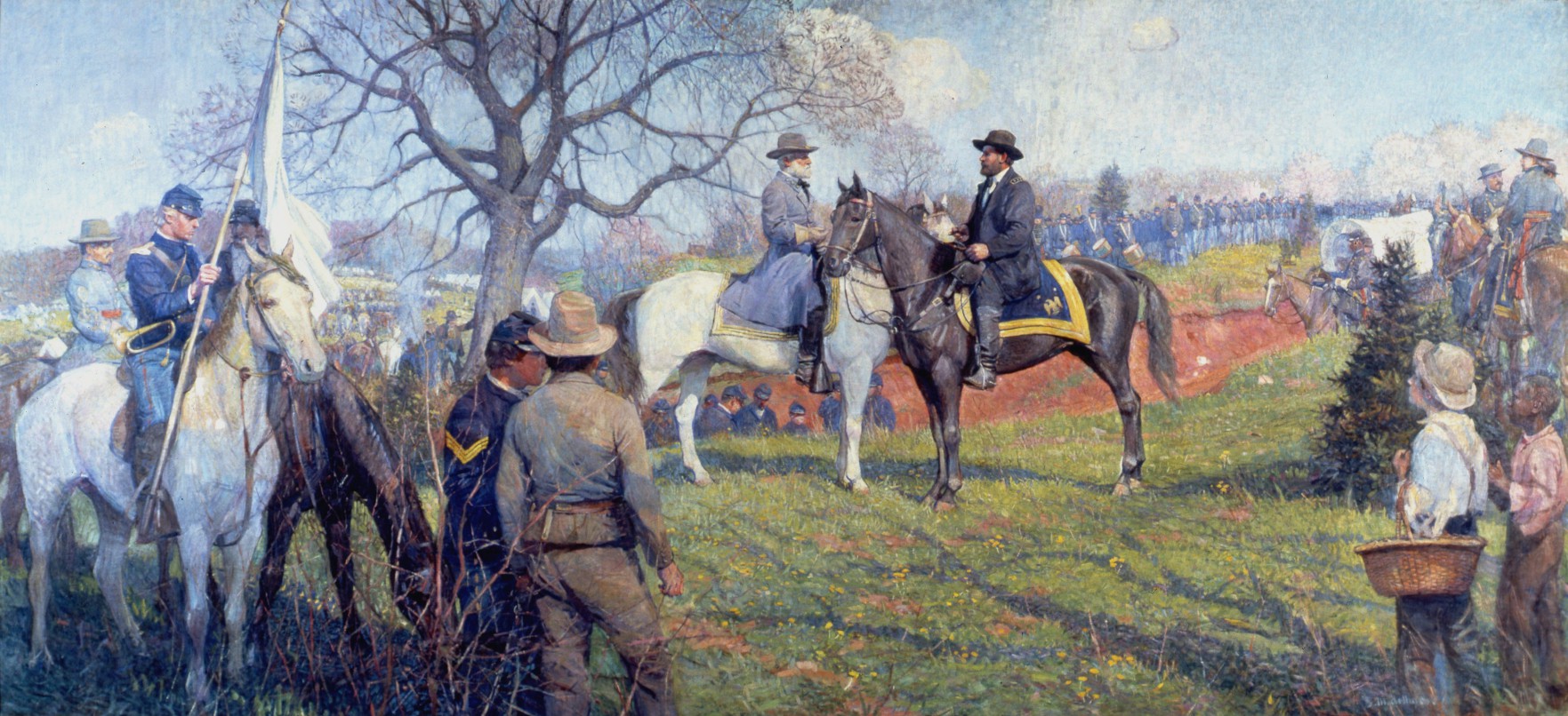 A historical painting depicting a Civil War scene with soldiers on horseback in a field.