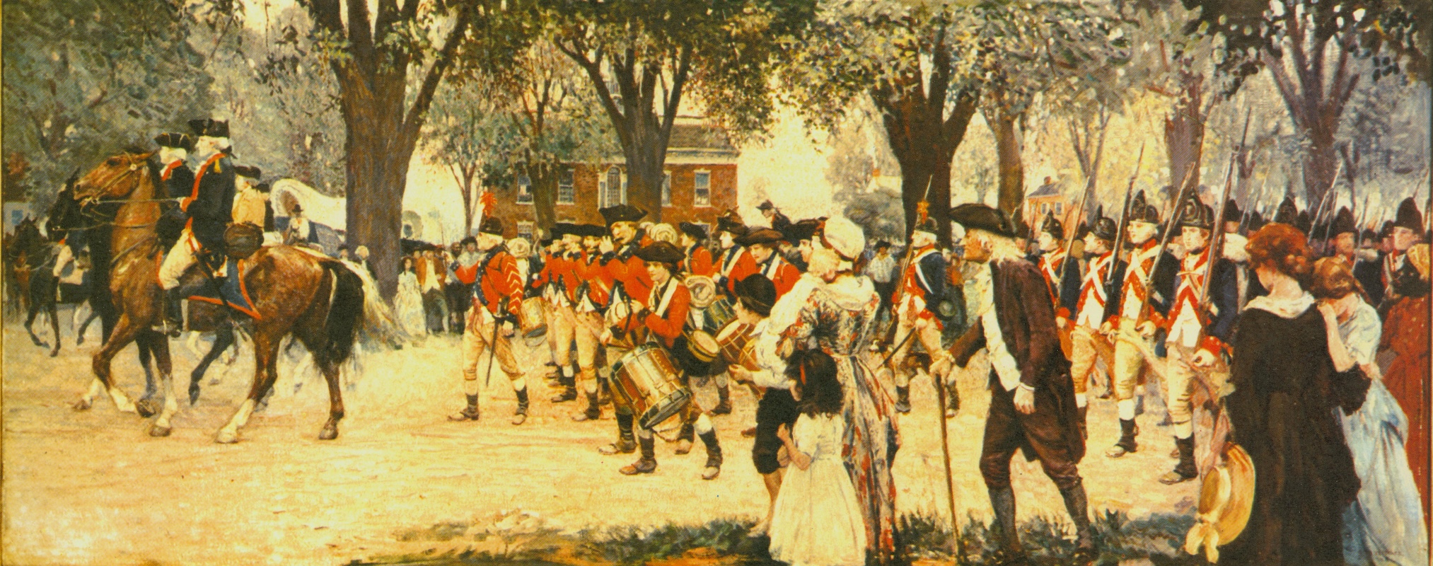 A historical painting depicting soldiers in red uniforms marching along a tree-lined street, accompanied by drummers. Onlookers include women and children.