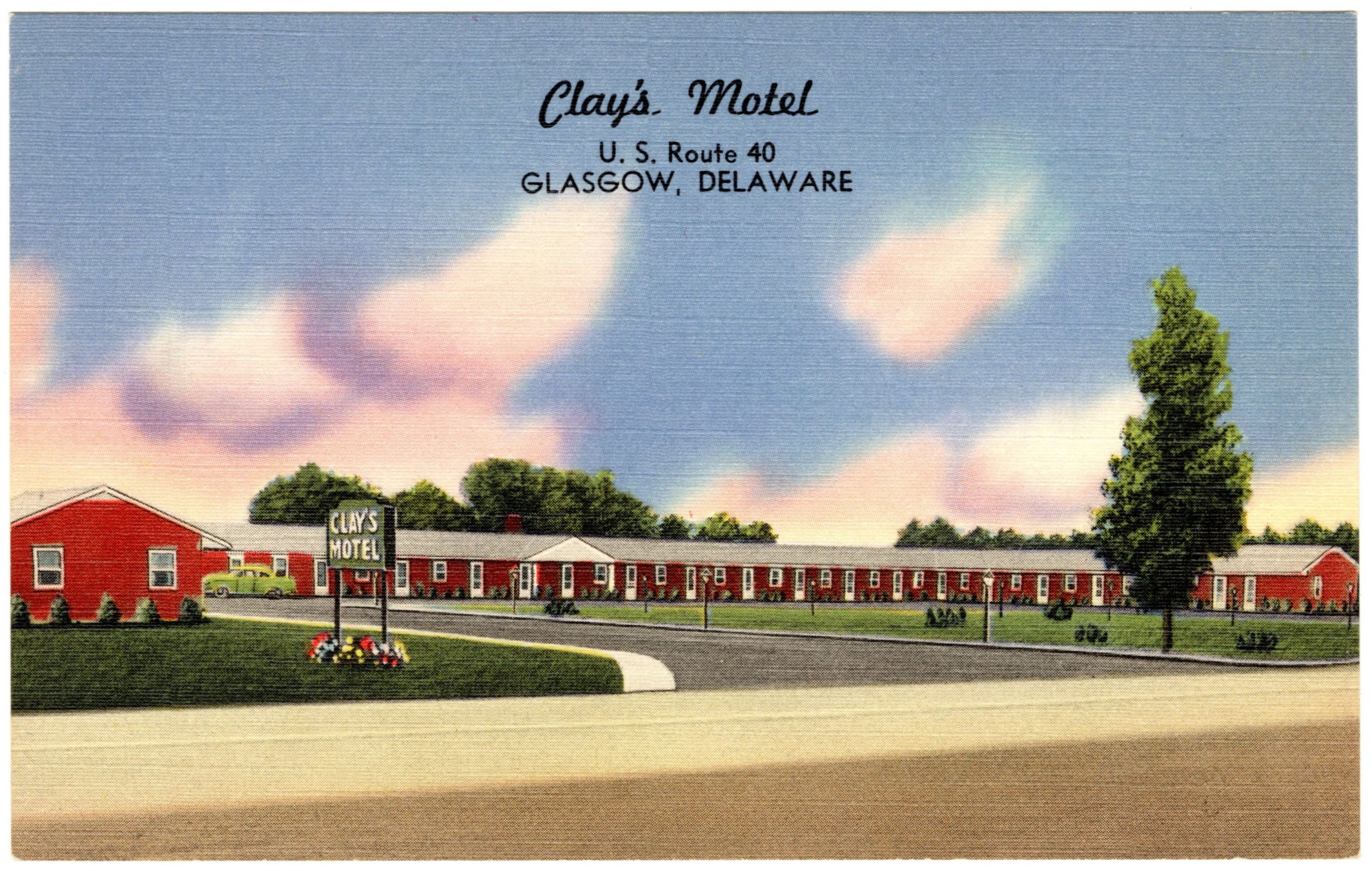 Postcard showing the single-story, brick Clay's Motel in Glasgow, Delaware.