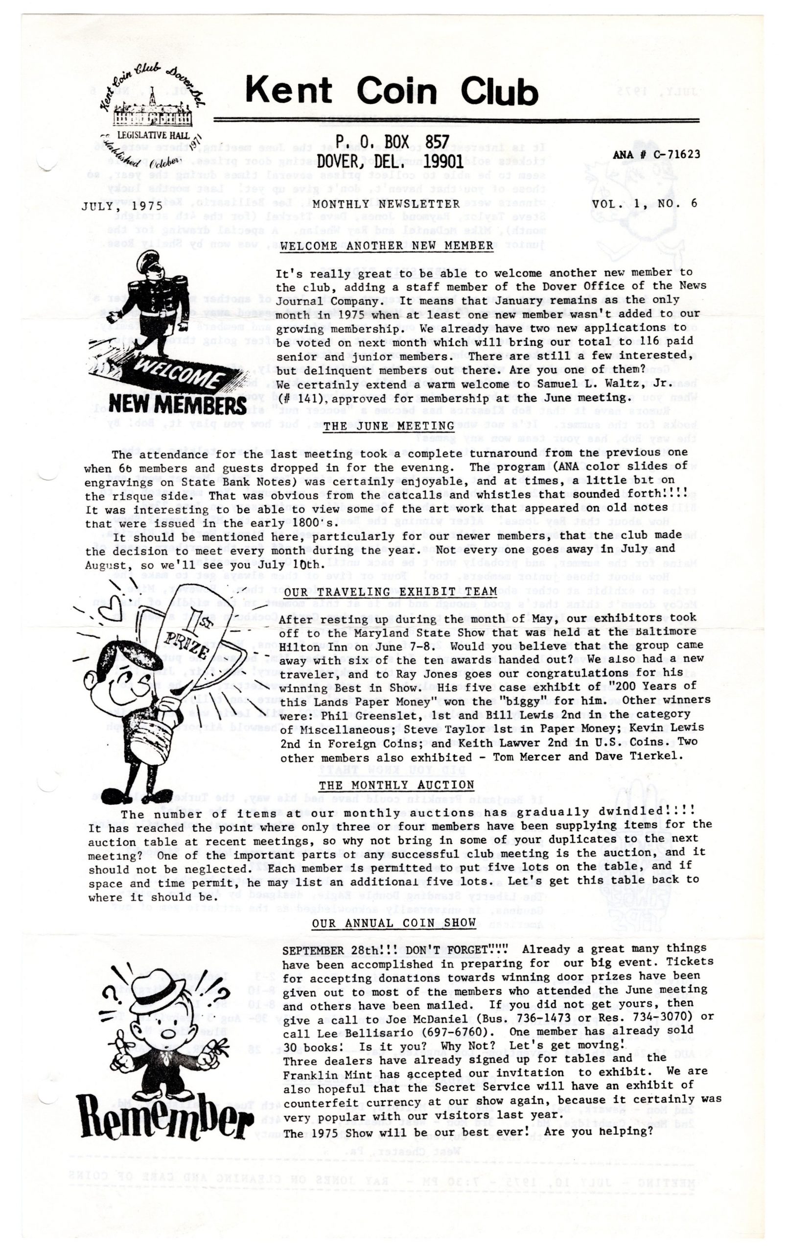 Kent Coin Club newsletter from July 1975, Volume 1, Number 6.