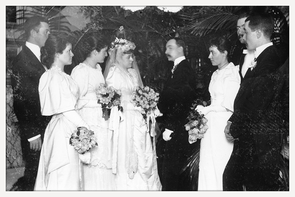 Bride and groom stand at the center of a formally dressed wedding party of six attendants. The women wear similar dresses and carry rose bouquets.