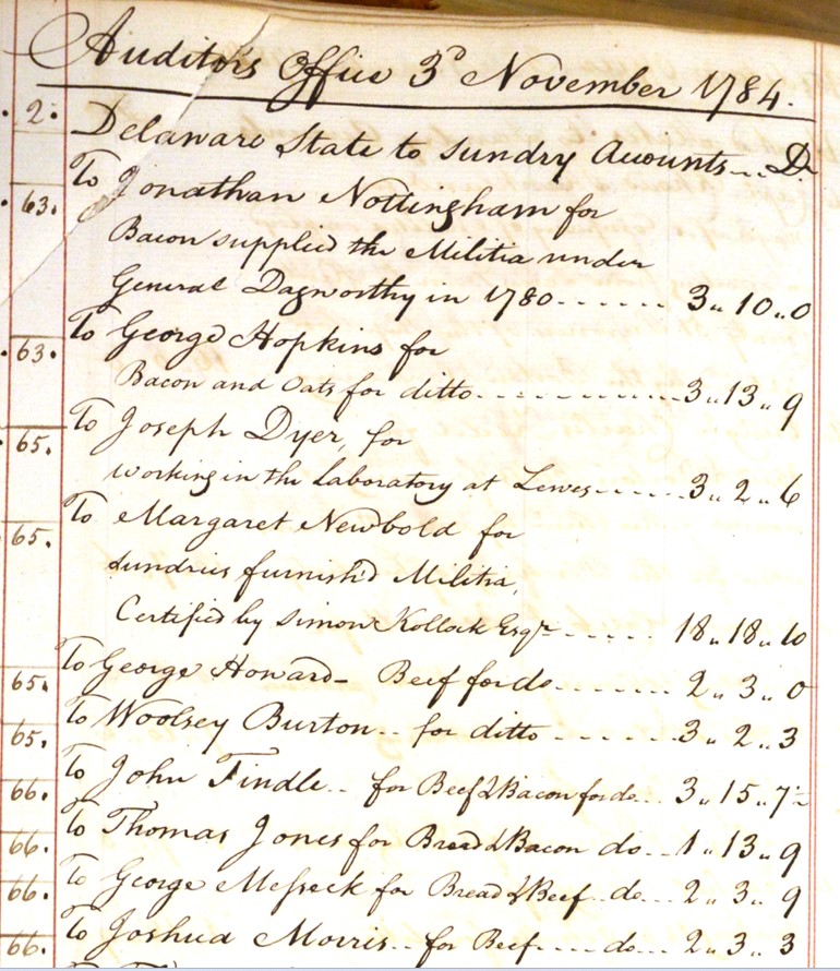 Handwritten ledger page dated November 3, 1784, listing payments to Delawareans for militia supplies and services.