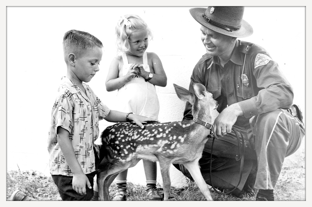 Black-and-white photograph of a uniformed game warden holding a spotted fawn while a kneeling boy pets its back and a young girl smiles nearby.