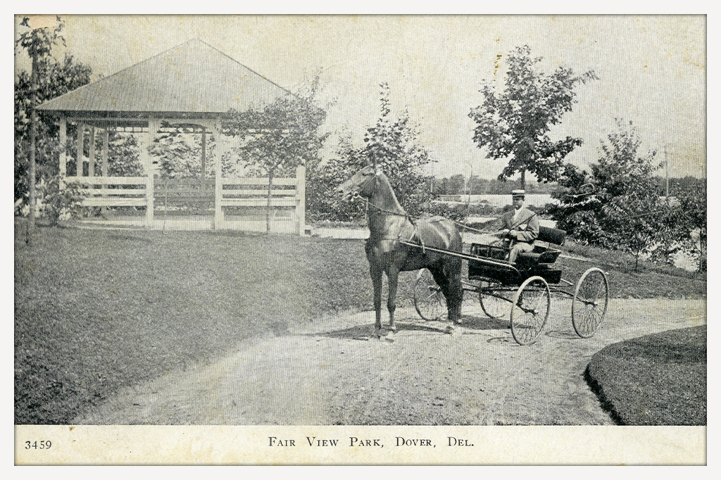 Black-and-white postcard showing a man in a horse-drawn carriage on a curved path beside an open-sided pavilion at Fair View Park in Dover.