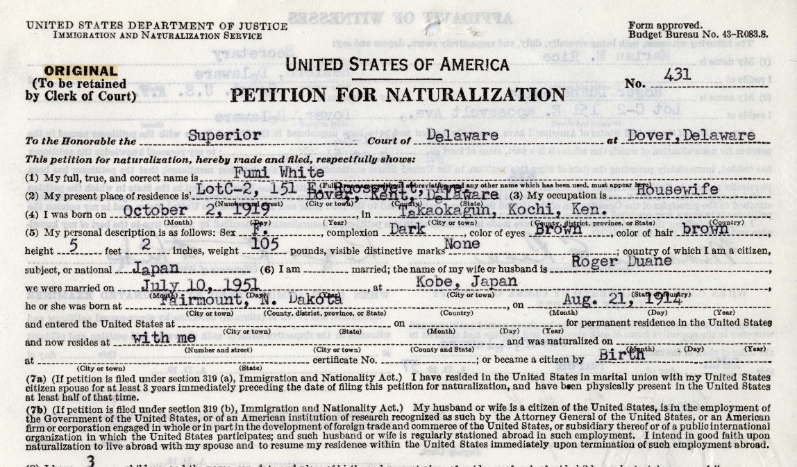 Upper portion of Fumi White’s petition for U.S. citizenship, recording her birthplace in Japan and family details.